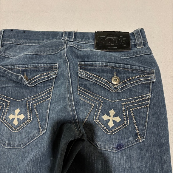 MMA Elite Jeans 32x30 Blue Low Rise Bootcut Flap Pockets Y2K Grunge Spring - Picture 8 of 10